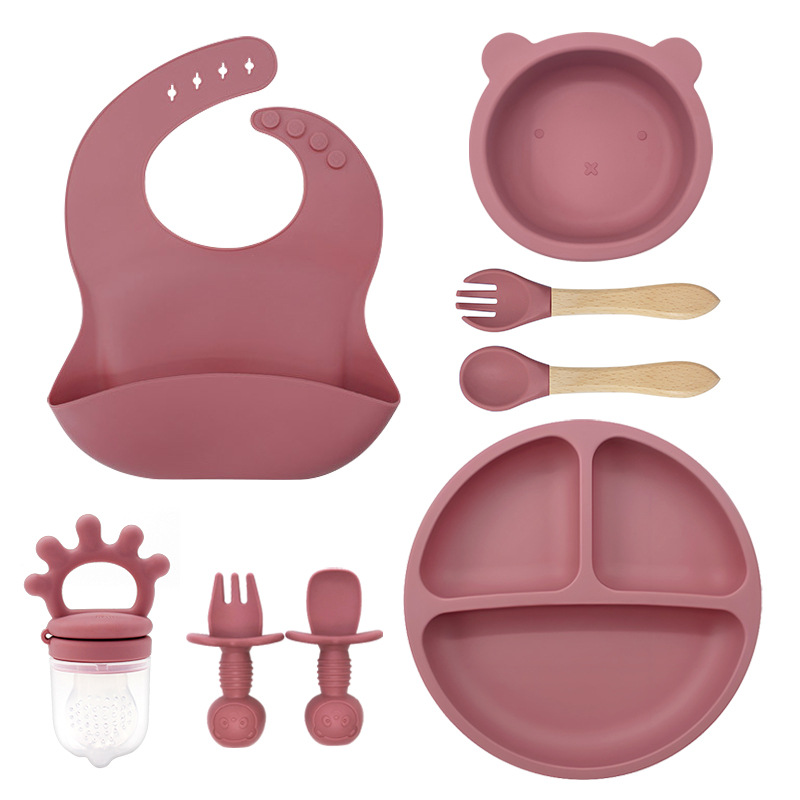 Set de ocho piezas (babajo + ventosa pequeña + cuenco de oso pequeño + crown bite + cuchara de tenedor de madera + cuchara de tenedor de oso pequeño) polvo profundo