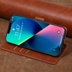 適用iphone 12牛紋14手機皮套RFID蘋果13保護套11Pro翻蓋15手機殼