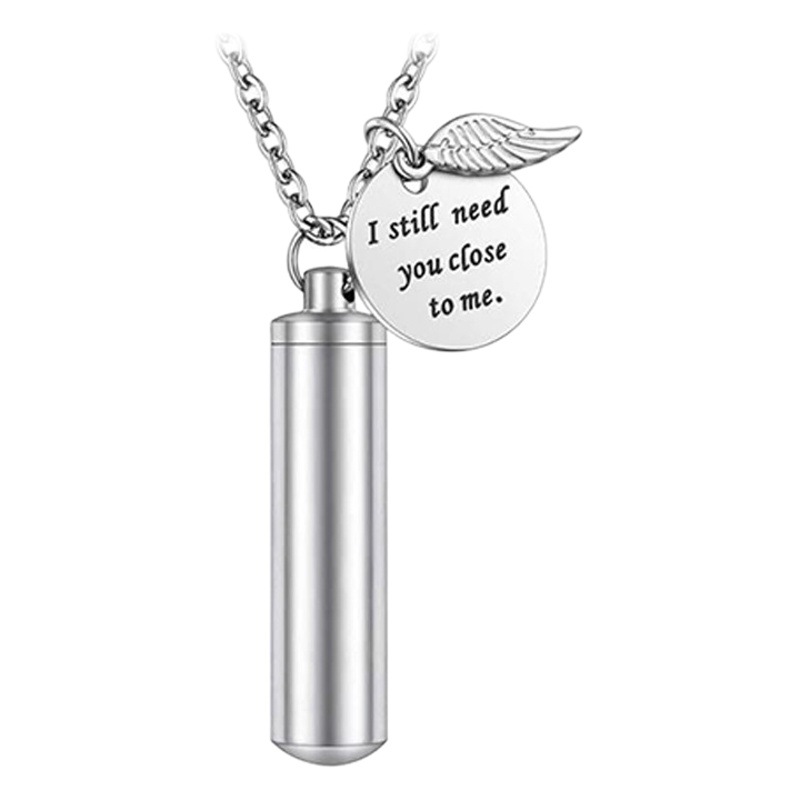 Amazon caliente venta conmemorativa de mascotas cenizas collar hombres y mujeres cilíndricas colgante alas de acero titanio plata colgante
