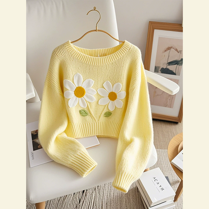 Корейский допамин модный иностранный минус возраст вязаный свитер мягкий клейкий молоко fufu красивый желтый принт пуловер свитер осень