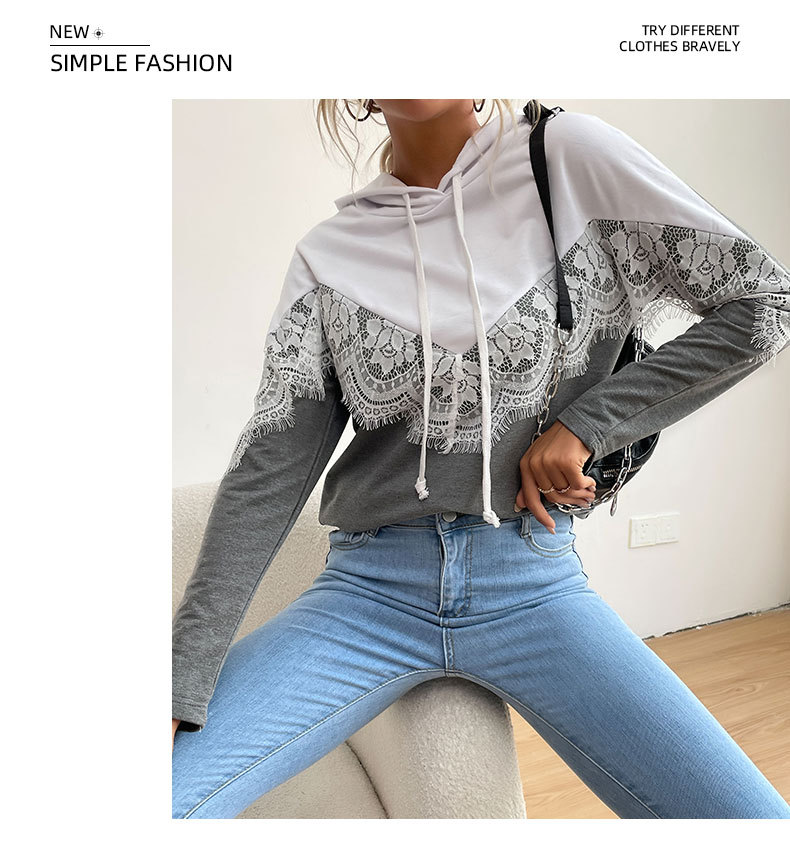 Contrast Color Lace Panel Long-sleeved Sweatshirt Hooded Pullover_voghion.com