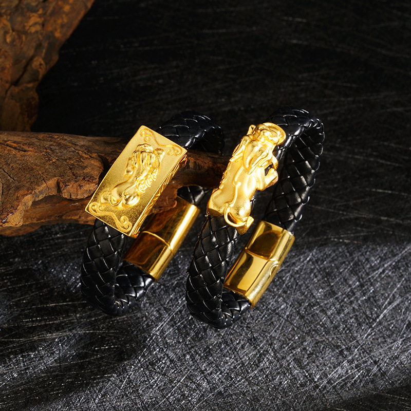 Antigua arena oro personalizada cuero cuerda pulsera goteo aceite Abacus Wanfu hombres dominante pulsera fábrica al por mayor suministro