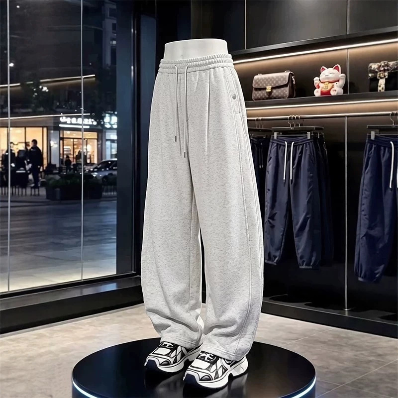Autumn 380g Cotton Deconstructed Drawstring Straight-Leg Pants for Men, Loose Casual Wide-Leg Pants with Drape Effect Autumn 380g Cotton Deconstructed Drawstring Straight-Leg Pants for Men, Loose Casual Wide-Leg Pants with Drape Effect