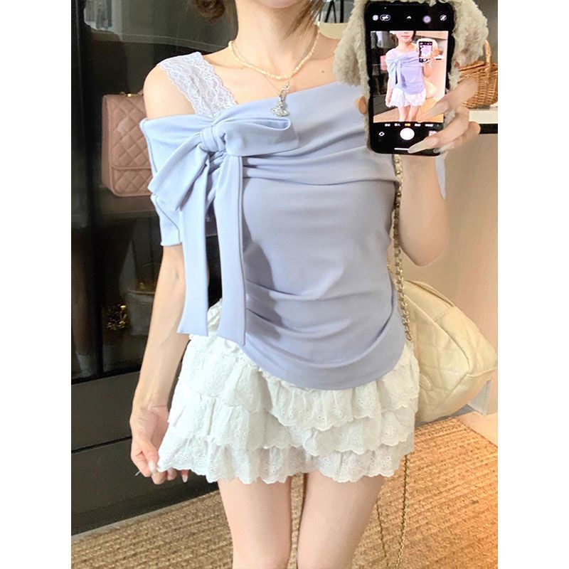 One-Shoulder Pure Pink Lace Base Shirt for Women, Summer Stunning Bow-Knot Off-Shoulder Short Top for Sweet Girls