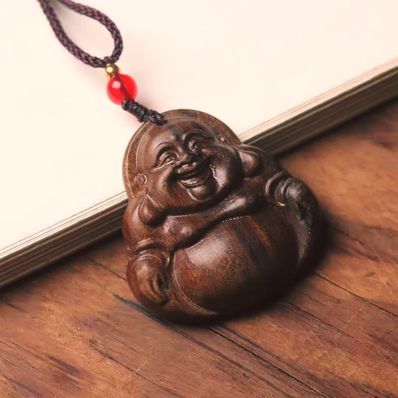 Agarwood Wood Carving of Laughing Buddha with a Big Belly, Neck Pendant, Laughing Buddha Monk Solid Wood Carving, Collectible Craft Ornament Agarwood Wood Carving of Laughing Buddha with a Big Belly, Neck Pendant, Laughing Buddha Monk Solid Wood Carving, Collectible Craft Ornament