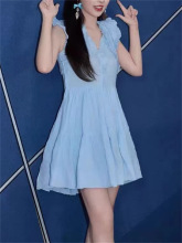 法式小众 2024夏季新款明星同款蓝色小清新荷叶边连衣裙亚麻甜美