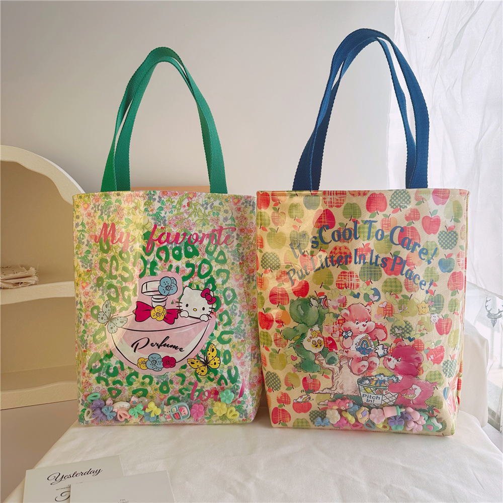 귀여운 만화 대용량 학생 핸드백 인쇄 투명 퀵샌드 백 숙녀 숄더백 핸드 백 도매