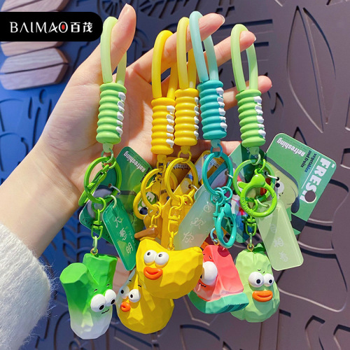 Baimao original wood carving style fruit and vegetable series key chain creative funny eye-catching watermelon green onion key chain bag pendant