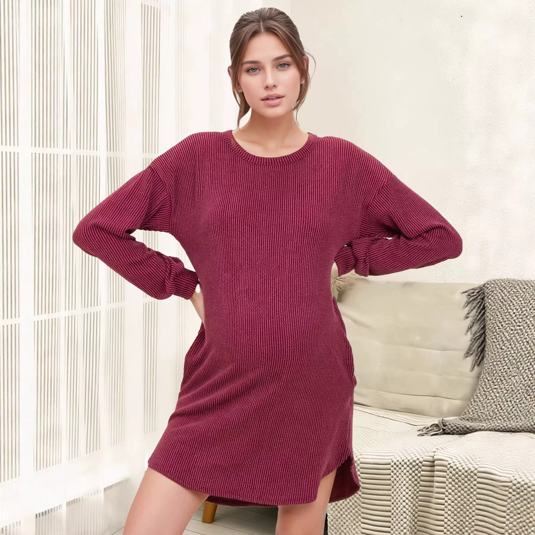 欧美酒红圆领孕妇宽松长袖连衣裙，居家外出舒适穿搭孕期休闲服饰