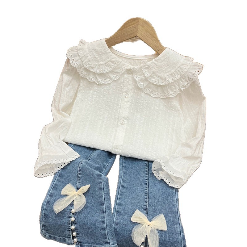 Camisas para niñas, camisas de manga larga para bebés, camisas con cuello de muñeca de doble capa para niños de primavera 2025, tops para niñas, camisas de princesa de estilo coreano