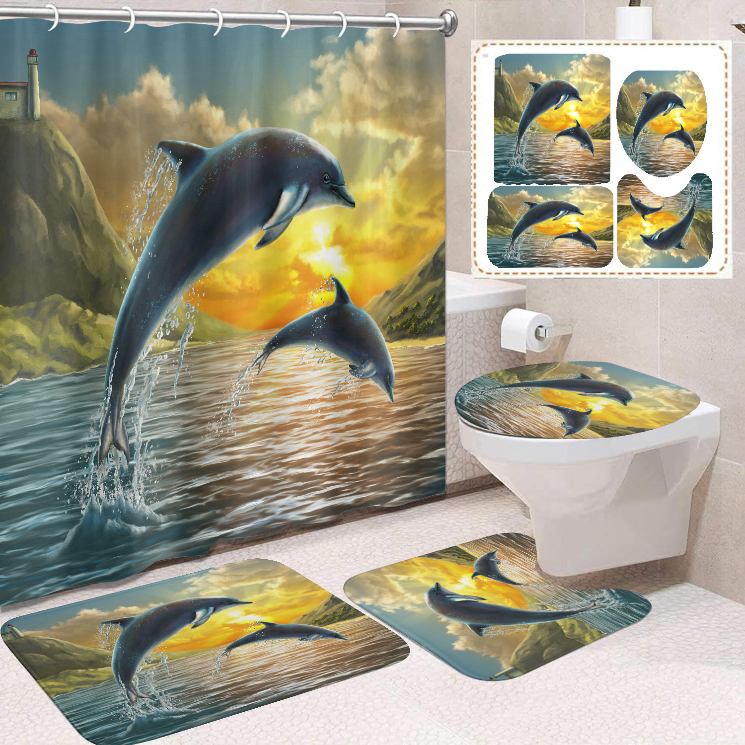 Cortina de ducha transfronteriza con diseño de delfines azules, estampada digitalmente, de poliéster, sin perforaciones, para baño, decoración del hogar image 35