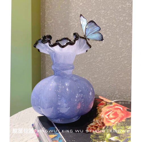 XINKE Zhonggu Fen Tong Wind Pink Gradient Retro French Pumpkin Glass Vase Home Flower Arrangement Decor Soft Furnishing Ornament