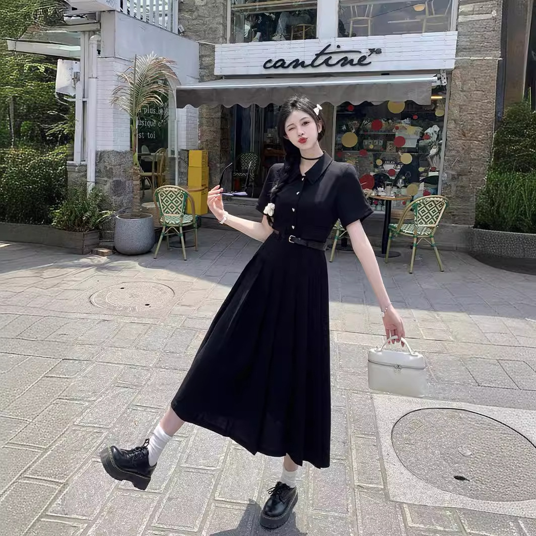 大码女装设计感法式胖MM韩版时尚显瘦气质通勤百褶衬衫黑色连衣裙