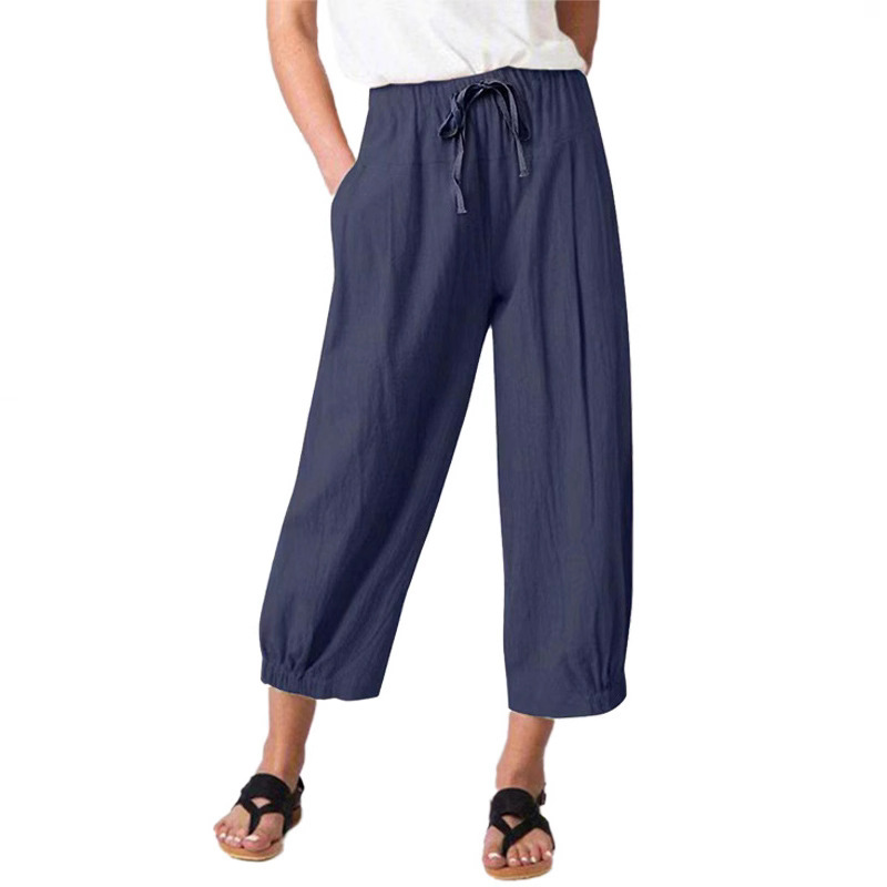 315158 cross-border spring cotton and linen straight pants navy blue 2025 new ladies waist pocket casual cropped pants