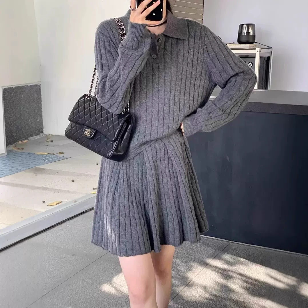 学院风麻花polo毛衣女短款针织上衣两件套春秋装半身裙百褶裙套装