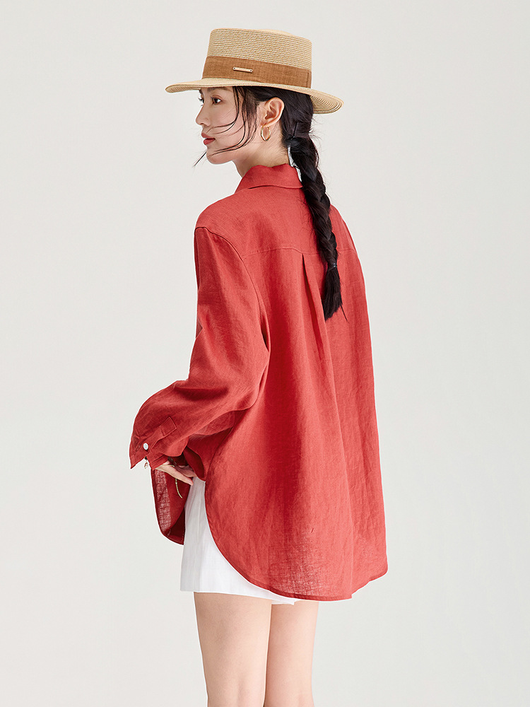 Áo sơ mi nữ linen chất lượng cao, phong cách cổ điển thư giãn, dáng rộng mùa hè — Đỏ Vermilion