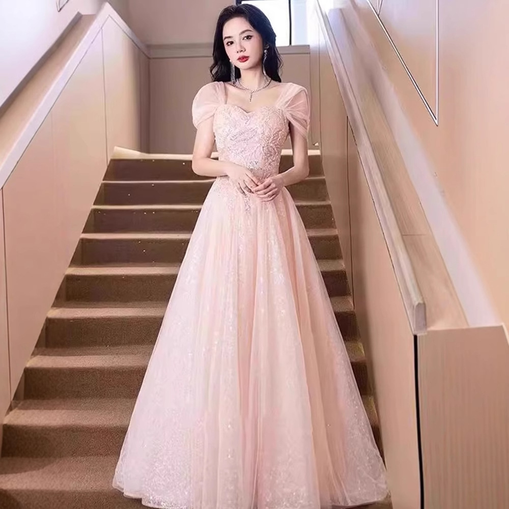 Evening Dress for Women, Pink Off-The-Shoulder, High-End Style, Student Day, Coming-Of-Age Ceremony, Princess Dress, Annual Meeting Host, Art Exam, Summer