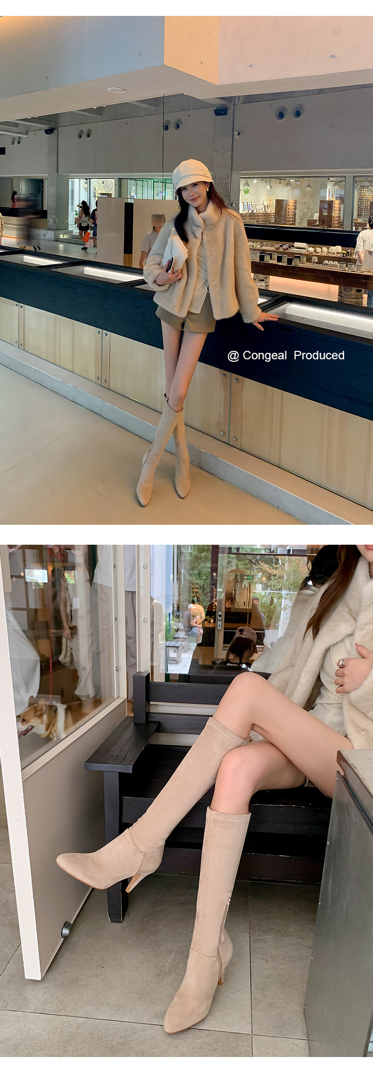 Boot nữ cổ cao trên gối mũi nhọn gót cao 9 cm chất da lộn co giãn — Lớp lót nhung tiêu chuẩn màu đen trên đầu gối, Lớp lót nhung lớn màu mơ trên đầu gối, Giày bốt cao cấp lót nhung tiêu chuẩn màu mơ, Lớp lót nhung đen trên đầu gối chi tiết 19