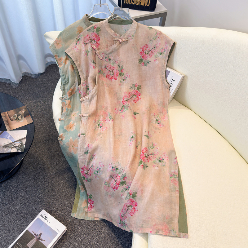 Wholesale Cool and Elegant Chinese-Style Mid-Length Dress with Side Slits, Summer Artistic Tea Dress with Side Slit Wholesale Cool and Elegant Chinese-Style Mid-Length Dress with Side Slits, Summer Artistic Tea Dress with Side Slit