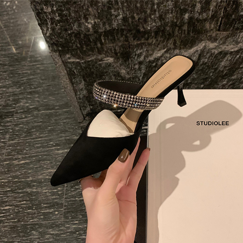 2024 Summer New Black Baotou Stiletto Pointed Toe High Heels Women's Sandals Fashionable and Versatile Outerwear Slippers_vogarts.com