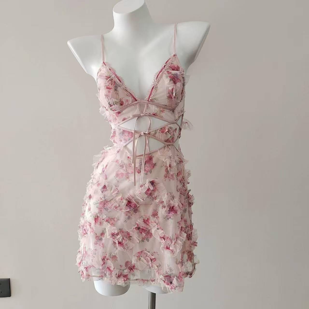 French Lace Suspender Nightgown, Embossed Floral Mesh, Cut-Out Babydoll in Pink — detail image 5