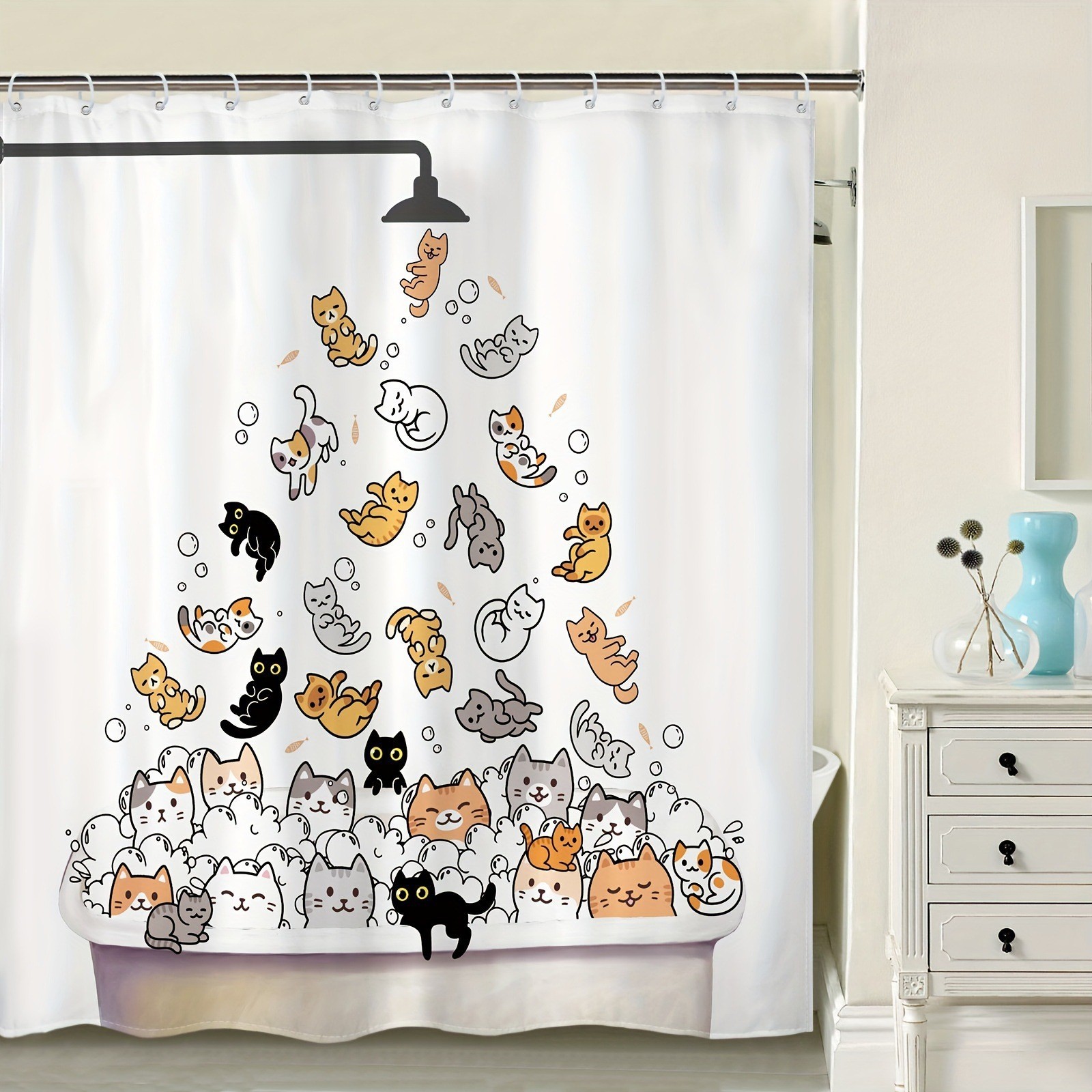 Divertida cortina de baño valiente gato sostiene tridente flecha montar tiburones en las olas ballenas gatos cortina de baño conjunto baño