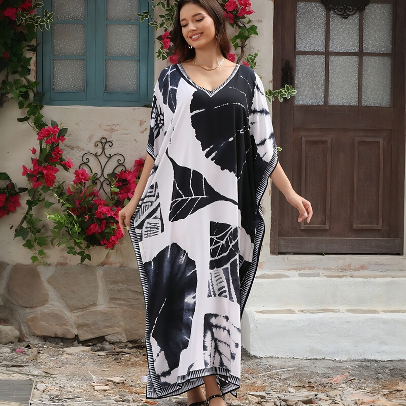 Rayon Beach Cover-Up with Geometric Print, Loose Long Dress, Plus-Size Kaftan for Home Use