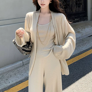 懒人沙冰三件套 莱赛尔亚麻老钱风开衫背心阔腿裤套装
