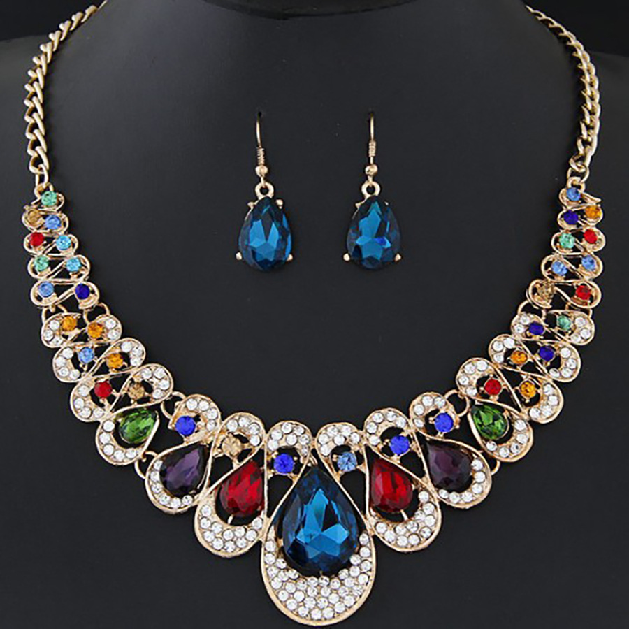 European and American luxury high-end flash diamond water drop jewelry suit bride wedding necklace earrings jewelry suit CM T030