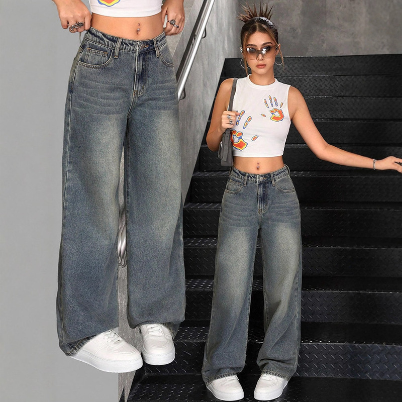 Cross-Border Trendy Brand Women's Jeans 2025 New Style Cross-Border Foreign Trade Drapey Loose High-Waisted Slimming Personality Long Pants Cross-Border Trendy Brand Women's Jeans 2025 New Style Cross-Border Foreign Trade Drapey Loose High-Waisted Slimming Personality Long Pants