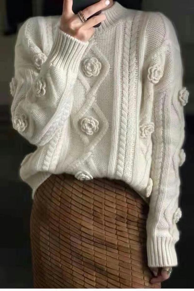 [Kasjmir Arisocraic Family] Fried Dough Twiss-genser med rund hals og blomsterprint, damegenser med løs bomullskrage_voghion.com