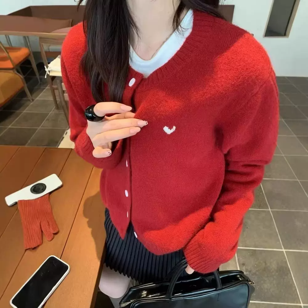 秋冬新款100%纯羊毛衫开衫女2026新年红爱心针织衫短款羊毛衫外套