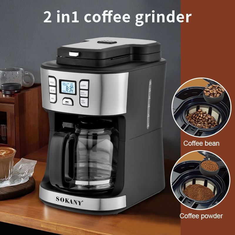 Export Grinding and Brewing Two-In-One Coffee Machine American Drip Coffee Machine Sokany Stainless Steel Coffee Machine 506E
