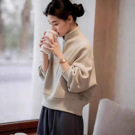 极简风立领拉链卫衣女2026秋冬季新款宽松显瘦百搭高级感上衣外套