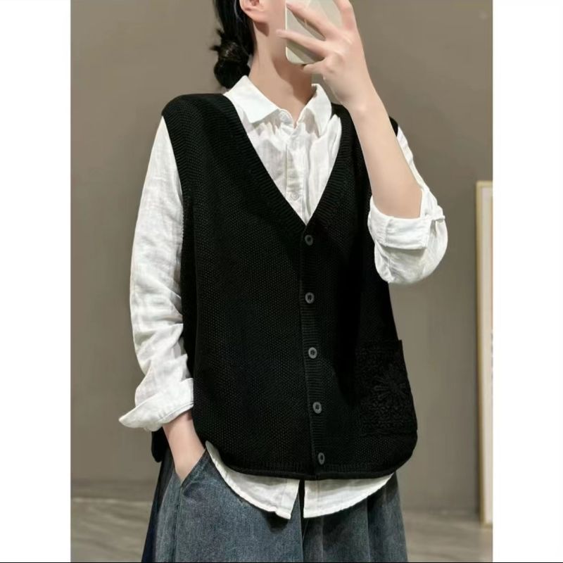 【 Cashmere Family 】 Wollstrickjacke ärmelloser Pullover vielseitige lose Weste Schulteroberteil Damen Herbst_voghion.com