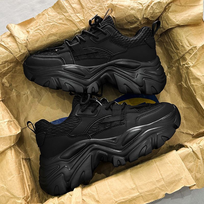 Men's Winter Mesh Breathable Trendy Brand Versatile Sports Casual Shoes Men's Thick-Soled Height-Increasing Black Dad Sneakers