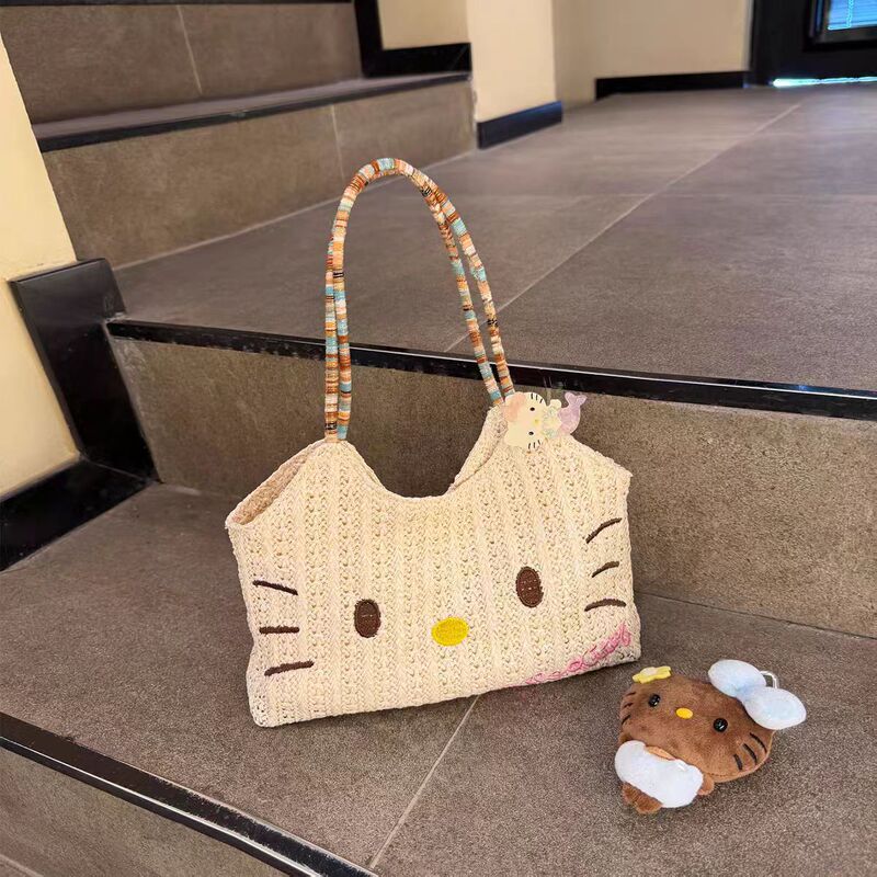 Straw Embroidery Kitty Cute Cat Woven Shoulder Bag for Women New Casual Versatile Storage Tote Bag Straw Embroidery Kitty Cute Cat Woven Shoulder Bag for Women New Casual Versatile Storage Tote Bag