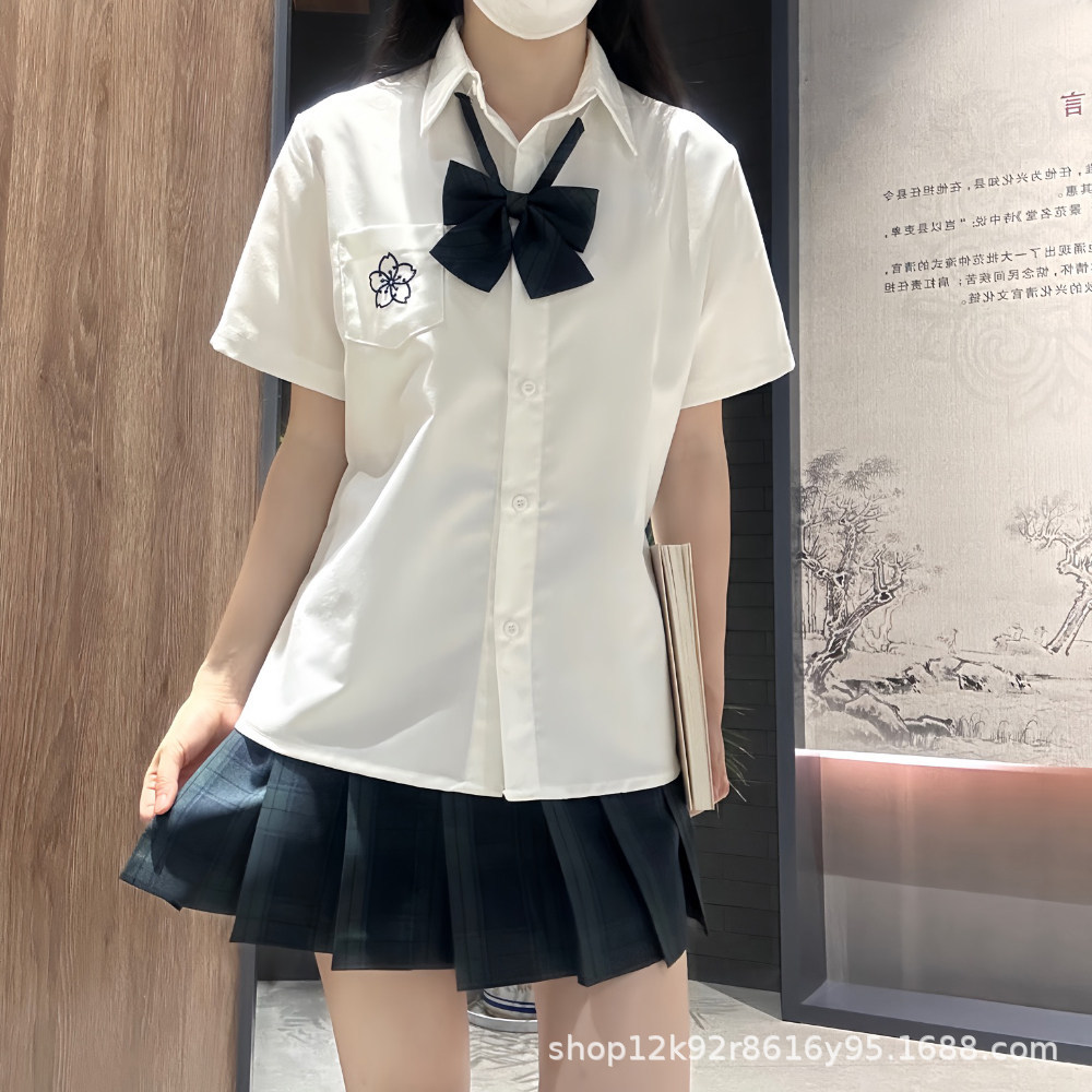 Cherry Blossom Short-Sleeve JK Shirt Japanese Style White Cherry Blossom Embroidery Women's Blouse Summer JK Uniform Sweet Versatile Shirt In Stock