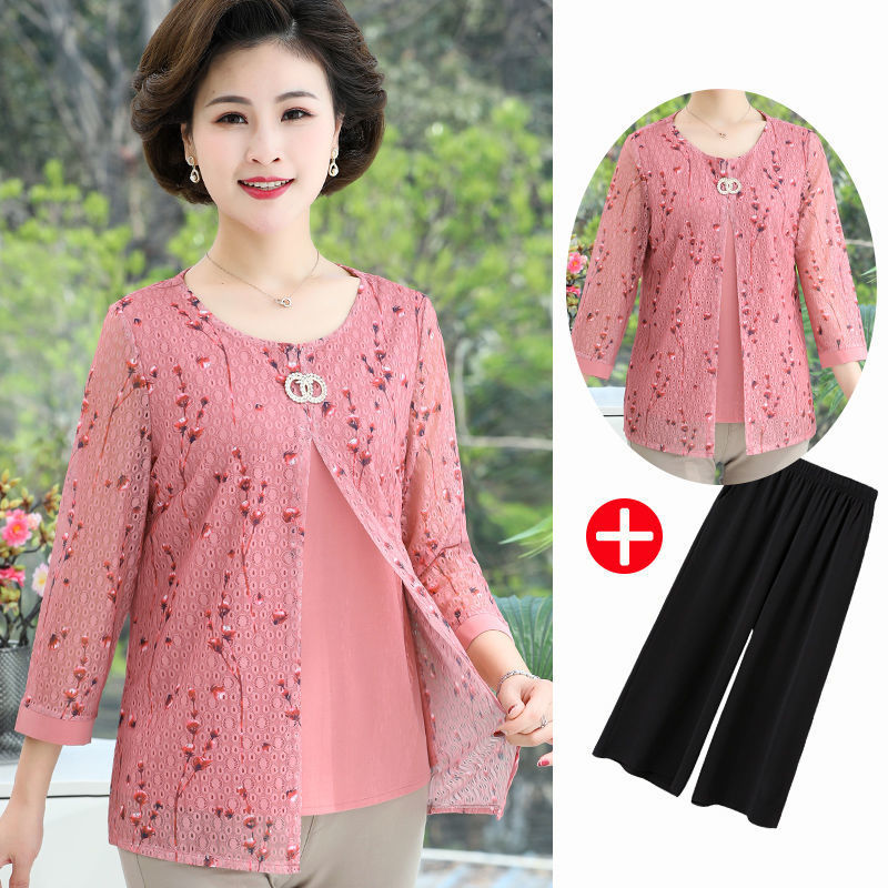 中老年人女装假两件上衣高贵中年洋气雪纺衫妈妈春夏装T恤两件套