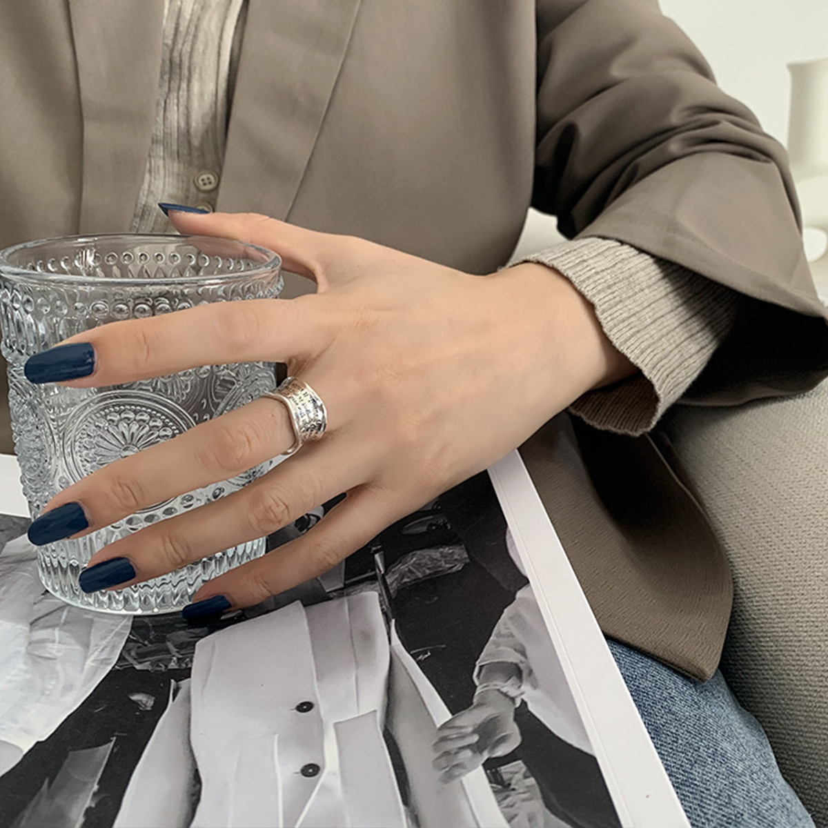 Retro Silver Letter Ring For Women Adjustable High-end Jewelry_voghion.com