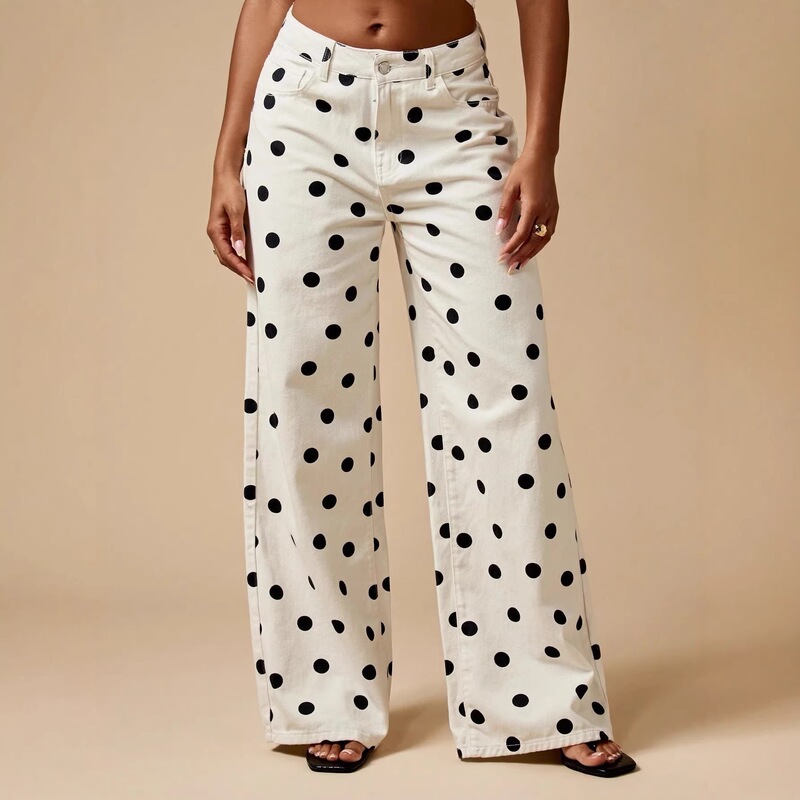European and American Cross-Border Independent E-Commerce Site Foreign Trade Polka Dot Print Loose Straight-Leg Jeans Washed Mid-Waist Floor-Length Denim Pants