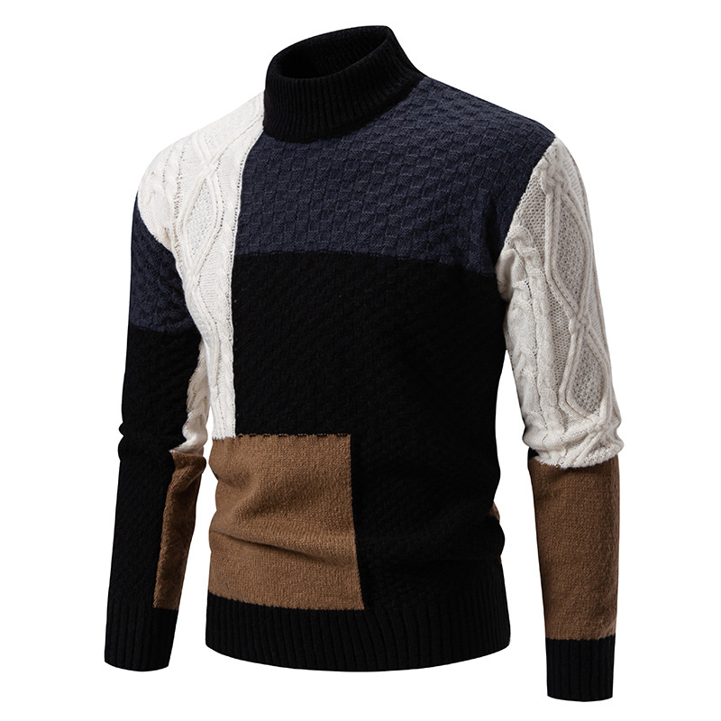 Men's Clothing Men's Color Block Crewneck Sweater, Casual Knit Pullover With Relaxed Fit, Semi-Turtle Neck Winter Warm Top For Teens & Adults_voghion.com