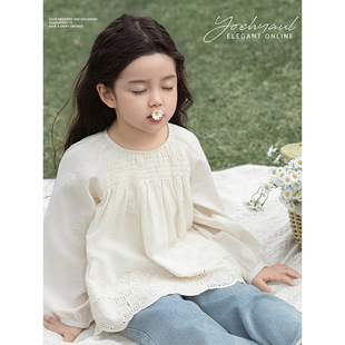 Wulifuyi Girls' French Palace Style Baby Doll Shirt Autum Stereo Full Lantern Sleeve Cut Out Lace Shirt Trendy