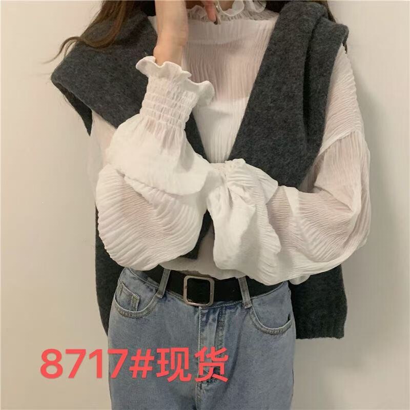 Plus-Size Women's Chiffon Base Shirt for Chubby Women, Spring and Autumn Solid Color Lace-Trimmed Half-High Collar Youthful Inner Wear Top Plus-Size Women's Chiffon Base Shirt for Chubby Women, Spring and Autumn Solid Color Lace-Trimmed Half-High Collar Youthful Inner Wear Top