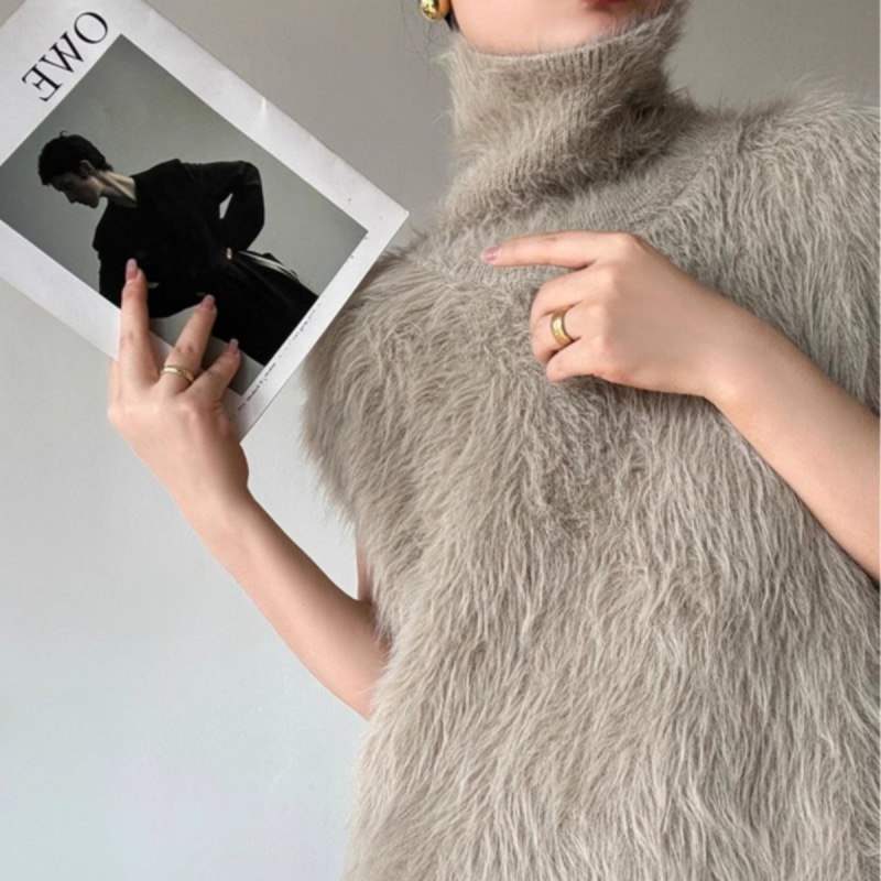 High-Neck Knitted Imitation Mink Velvet Sweater for Women in Autumn and Winter New Style Mid-Length Loose Lazy Vest Sleeveless Top