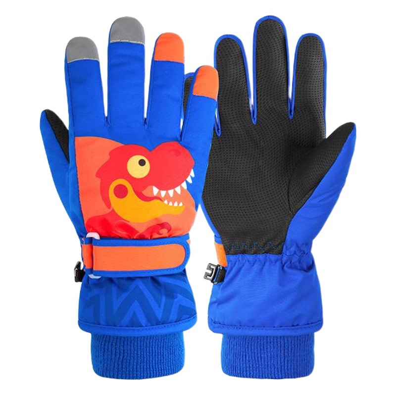 Children's Boys' Ski Gloves for Boys' Winter Fleece-lined Thickened Warm Waterproof Small Dinosaur Cartoon Cycling