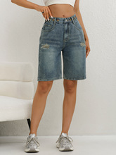 跨境欧美破洞五分中裤宽松显瘦可调节宽松梨型身材女士牛仔中裤棉