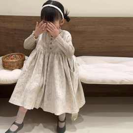 韩国童装女童连衣裙2023秋季新款小女孩洋气复古印花无袖背心裙潮