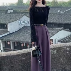 早秋穿搭套装2025设计感气质修身国风复古长袖衬衫阔腿裤两件套女