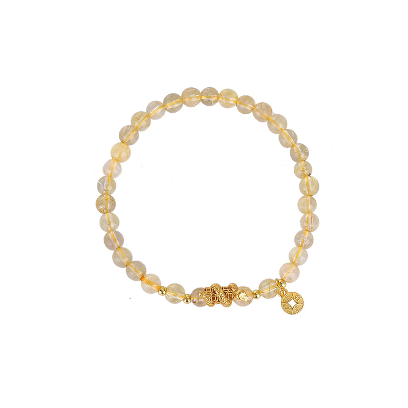 Vòng tay nữ bạc 925 mạ vàng đính đá citrine tròn charm đồng xu rắn — một mảnh
